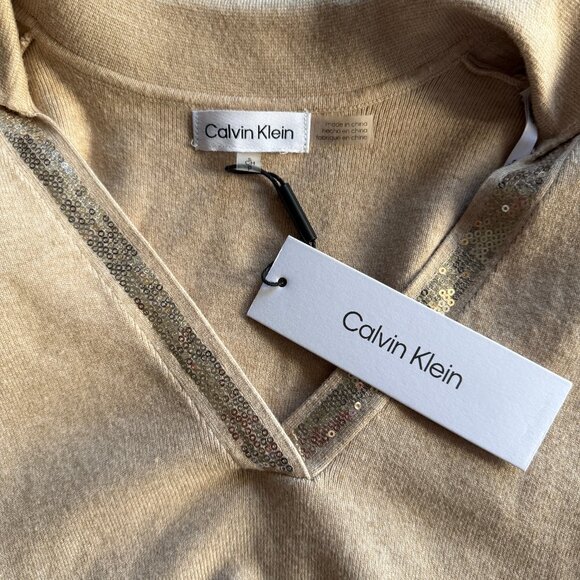 Calvin Klein NWT Women's Tan V-Neck Polo Sweater Sequin Trim Collared | Size S - Picture 2 of 11